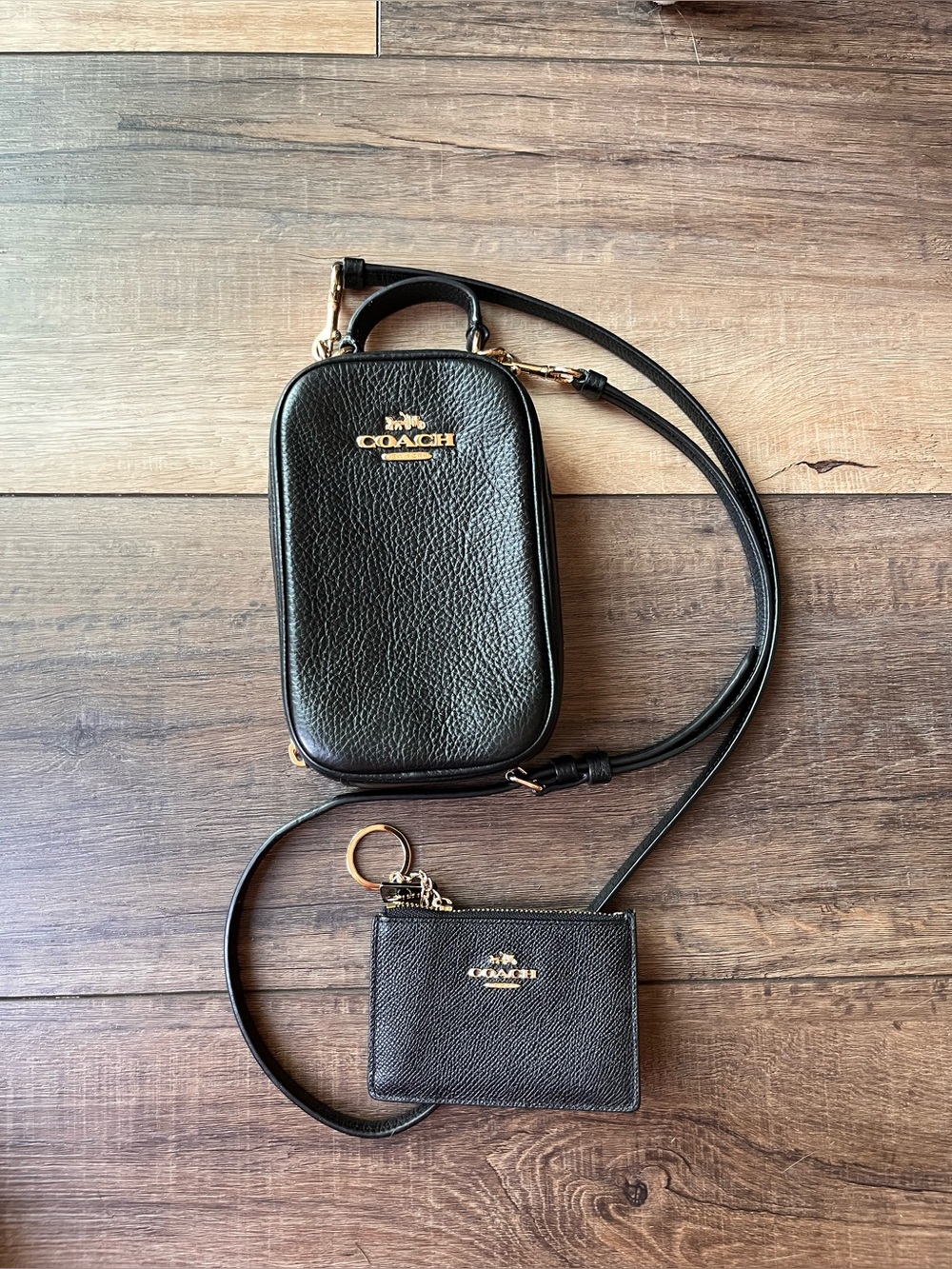 Coach Black Pebbled Leather Crossbody with Matching Mini Skinny! Cute!